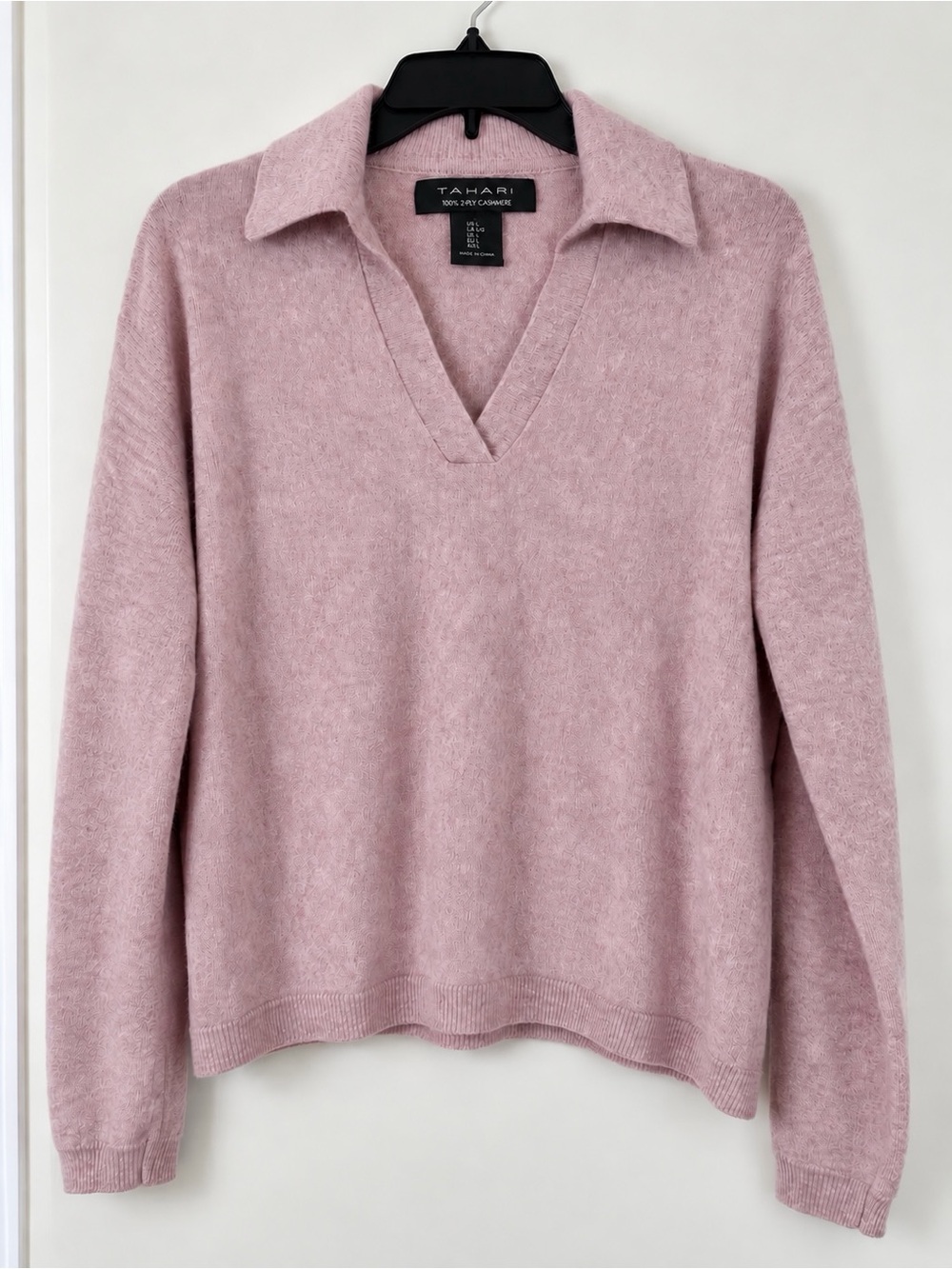 TAHARI 100% 2-Ply Cashmere Polo Sweater Mauve Pink Collared Pullover L